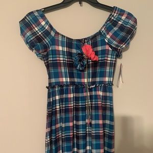 NWT Babydoll style teal/pink plaid dress w/ hair scrunchies and necklace.